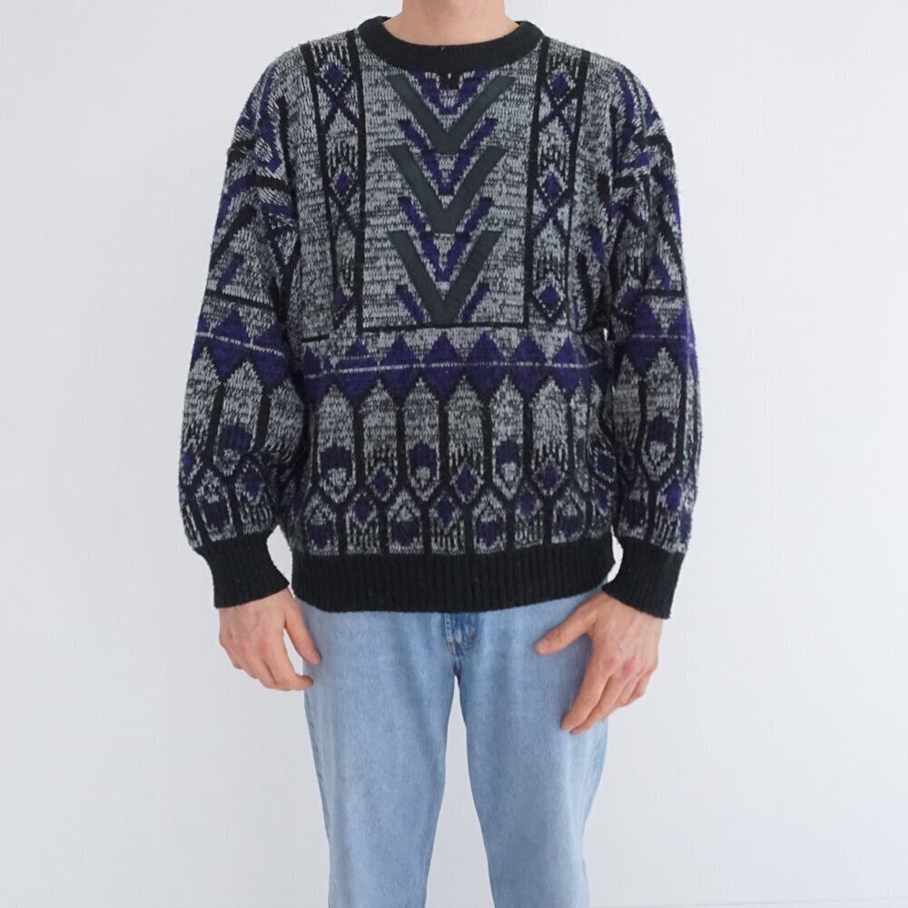 Vintage Street Scenes Black Purple Geometric Pattern Knit Sweater Acrylic XL